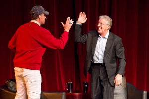 Ferrell and Carroll · Former USC head football coach and current head coach of the Super Bowl Champion Seattle Seahawks Pete Carroll exchanges a high-five with actor Will Ferrell. - Austin Vogel | Daily Trojan 