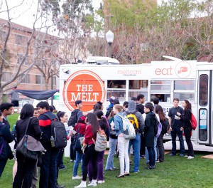 To dine for · Ignoring the rain, students lined up at The Melt, one of the 15 Downtown Los Angeles vendors set up in McCarthy Quad Thursday afternoon during the Taste of Downtown L.A. event. - Uracha Chaiyapinunt | Daily Trojan 