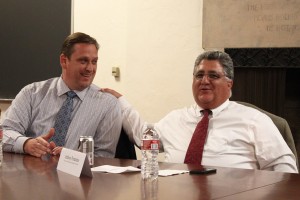 Bear flag · Former State Sen. Tony Strickland (left) and former California assemblymember Anthony Portantino (right) shared their opinion on the future of California and Gov. Jerry Brown’s policies. - Jessica Zhou | Daily Trojan 