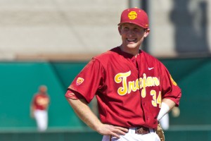 All smiles · Despite the Trojans’ four-game skid, senior 3B Kevin Swick, who is batting .410 on the season and was named the Pac-12 Player of the Week on March 4 for the first time in his career, has plenty to be happy about.  - Joseph Chen | Daily Trojan