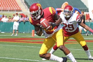 Spring ballin’ · Junior wide receiver Nelson Agholor, who caught one pass for 13 yards in USC’s spring game last weekend, says he improved many aspects of his game during spring ball. The Tampa, Fla. native hauled in six touchdown passes last season and averaged 65.6 receiving yards per game. - Nick Entin | Daily Trojan 