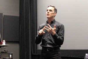 Challenge everything · Andrew Wilson, CEO of Electronic Arts, stresses the importance of forming visions out of opinions to audience members during Monday’s event, which took place in the Interactive Media Building. - Christine Yoo | Daily Trojan 