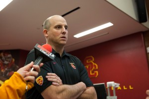 Stepping up · In his one game as interim head coach last season, Clay Helton led the Trojans to a 45-20 win over Fresno State. The win was instrumental in Steve Sarkisian retaining Helton as offensive coordinator. - Ralf Cheung | Daily Trojan 