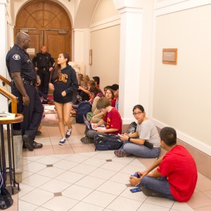 Sit-in for justice · Eighteen students from SCALE waited outside Nikias’ office on Tuesday to negotiate ending business relations with JanSport. - Austin Vogel | Daily Trojan 