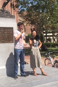 Free speech · SCALE members Matthew Shoemaker and Julia Wang speak in front of Tommy Trojan about their experiences in Tuesday’s sit-in.  - Matt Lemas | Daily Trojan 