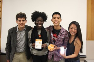 Sonny and share · (Left to right) Johnny Rusnak, Mo Alabi, Kevin Shen and Amy Kao work together on Shareful, an app that gives users credits to help a nonprofit after they eat at a participating restaurant. - Photo courtesy of Kevin Shen 
