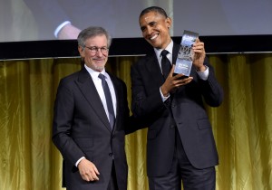 Shoah Foundation Founder Steven Spielberg presents President Barack Obama with the Ambassador for Humanity award. — Photo courtesy of Josh Grossberg