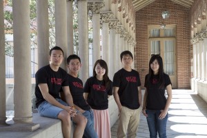 Weiyi Chen, a PhD candidate in electrical engineering; Jiangyang Zhang, a PhD candidate in electrical engineering; Xueqiao Ma, majoring in journalism; Yeming Chen, majoring in film production; and Yuchi Che, a PhD candidate in electrical engineering, work with OneWay to provide lunches for children in undeveloped areas of China. — Photo courtesy of Jiangyang Zhang