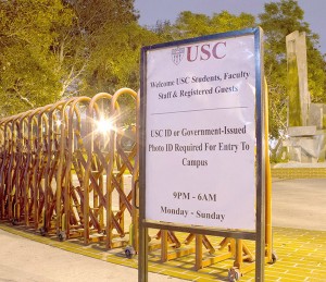 Barriers · The fencing surrounding the university’s campus was erected in January 2013, as well as restricted hours from 9 p.m. to 6 a.m. - Austin Vogel | Daily Trojan 