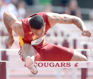 Making the leap · USC senior and hurdler Aleec Harris broke the West Regional and Pac-12 Conference record in the 110 meter hurdles event at the NCAA West Regional tournament in Fayetteville, Arkansas. - Photo Courtesy of USC Sports Information 