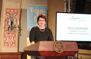 Fighting on · Dana Dornsife, founder of the Lazarex Cancer Foundation, speaks at the organization’s second annual gala Thursday at Town and Gown. Dornsife’s brother-in-law, Mike Miller, was diagnosed with cancer.  - Kevin Fohrer | Daily Trojan 