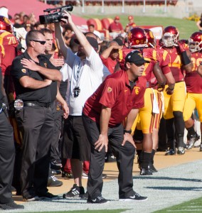 Sark it to me · First-year head coach Steve Sarkisian has led the Trojans to a 5-2 record this season. This mark includes two wins over Top 25 teams, in then-No. 13 Stanford and then-No. 10 Arizona. - Mariya Dondonyan | Daily Trojan 