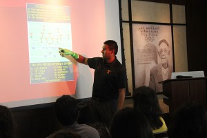 Football school · Alex Rios, a recruiting analyst for USC football, explains the different player positions at the Football 101 session. - Carol Kim | Daily Trojan 