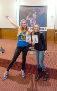 Finish line finale · Marathon runner Julie Weiss, left, strikes a pose with Megan Williams, producer of the Spirit of the Marathon II documentary. - Samuel Chang | Daily Trojan 