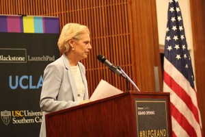 Liftoff · Amy Stursberg, executive director of the Blackstone Charitable Foundation, addresses the audience at Wednesday’s opening event. - Audey Shen | Daily Trojan 