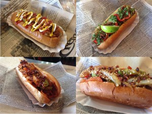 Bringing the heat · The Green (top left), Red (top right) and House (bottom left) dogs carry Dirt Dog’s bold-flavored menu. A good selection of sides such as the Dirty Corn (bottom right) compelent the dogs. - Photo courtesy of Dirt Dog 