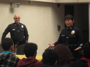 Safety first · Captain Jennifer Thomas of the Los Angeles Police Department Harbor Division speaks to students at a security meeting hosted by the Dept. of Public Safety on Saturday at City Park apartments.  - Photo courtesy of DPS officer Kenneth Whittaker 