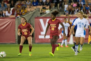 Just short · Sophomore Kayla Mills (18) and the women’s soccer team fell short in their upset bid of No. 1 UCLA last Friday night. USC’s women’s volleyball team will now try its hand at upsetting top-ranked Stanford tonight. - Mariya Dondonyan | Daily Trojan