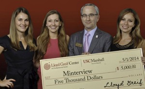 Winners · Left to right, Amanda Yodowitz, Alina Efford, Lloyd Greif and Stephanie Schwartz pose with a check to help develop a business concept. - Photo courtesy of Helena Yli-Renko  