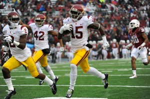 Whoa Nelly · Junior wide receiver Nelson Agholor (15) posted a career-high 220 receiving yards in USC’s 44-17 win over Washington State on Saturday. The Tampa, Florida, native also became USC’s all-time leader in punts returned for touchdowns, with the fourth of his career. - Photo courtesy of John McGillen/USC Athletics 