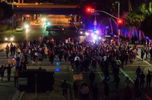 To the streets · Protesters gather in downtown L.A. the night of Nov. 24 following the grand jury decision not to indict officer Darren Wilson.  - Benjamin Dunn | Daily Trojan 