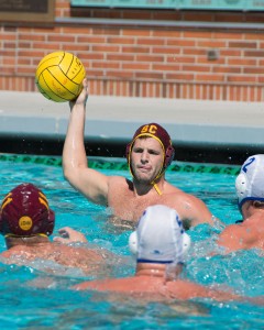 Geni from the pool · Senior driver Kostas Genidounias opened the scoring on Saturday, in the process becoming USC’s career leader in goals. - Mariya Dondonyan | Daily Trojan 