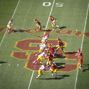 Falling forward · The football team wrapped up a drama-free spring offseason with their Spring Game at the Coliseum. USC will open their regular season play against defending national champion Alabama on Sept. 3. - Joseph Chen | Daily Trojan 