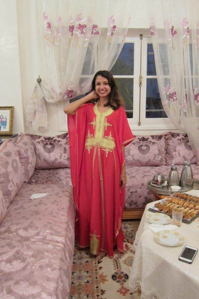 Wearing a traditional moroccan dress, called a gandora.