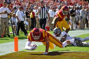 Trevor Sochocki | Daily Trojan Tight End U? · Sophomore tight end Tyler Petite scores his second touchdown, the eventual game-winner in Saturday’s 21-17 victory over Colorado. All three of USC’s touchdowns came off catches by tight ends. 