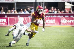 Brian Chin | Daily Trojan Inopportune injury · Senior running back Justin Davis was carted off the field during Saturday’s win over Colorado with a high ankle sprain. Davis is USC’s leading rusher this season with 476 yards through six games. 