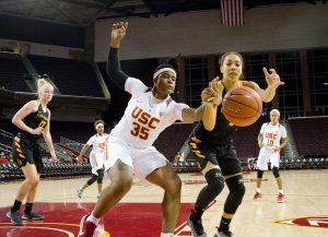 Matt Karatsu | Daily Trojan In the clutch · Junior forward Kristen Simon had a game-high 20 points as the women’s basketball team notched an impressive win over Texas A&M. Simon helped seal the 4-point win with late free throws. 