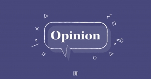 This is a graphic design of the word “opinion” in a speech bubble. The background is purple and there are various shapes surrounding the speech bubble.