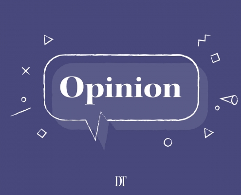 This is a graphic design of the word “opinion” in a speech bubble. The background is purple and there are various shapes surrounding the speech bubble.