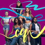The image depicts the five members of Citizen Queen, from left to right, Cora Isabel, Kaylah Sharve’, Nina Nelson, Hannah Mrozak and Kaedi Dalley. They stand in front of a hot pink background with blue and yellow ribbons, the latter of which spells "CQ."