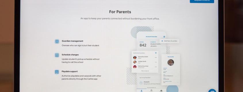 An image of a Macbook Air laptop screen that displays the “For Parents” page of the website www.getcarline.com. On the left of the screen, there are three points that list the application’s features, reading “Guardian management,” “Schedule changes” and “Playdate support.” To the right, there is a graphic of a smartphone where the application where some features of the application are artistically displayed. On the top right there is a blue button that reads “Request demo” in white letters.