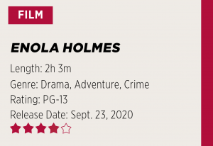 Design showing the title of the film, "Enola Holmes," along with a two hour and three minute runtime, genres of drama, adventure and crime, a PG-13 rating, Sept. 23, 2020 release date and four-star review.