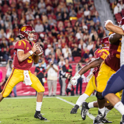 Sophomore quarterback Kedon Slovis throws a pass in a game against Arizona in fall 2019.