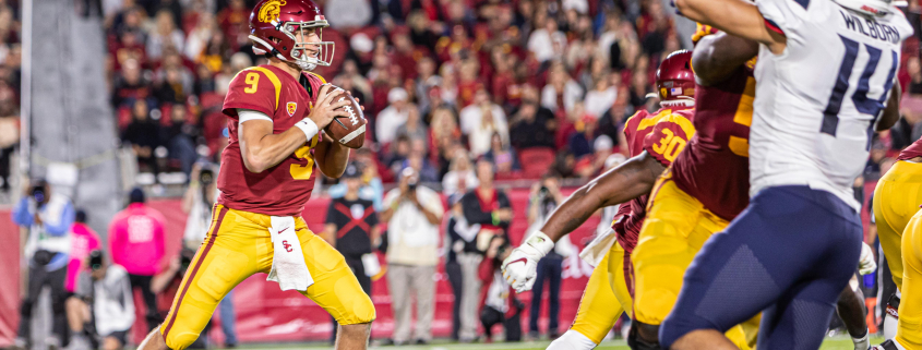 Sophomore quarterback Kedon Slovis throws a pass in a game against Arizona in fall 2019.