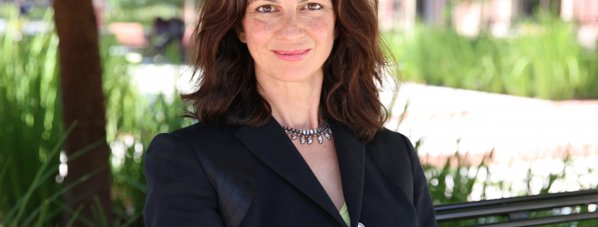 A medium shot of Sarah Gualtieri sitting on a green branch in a blazer