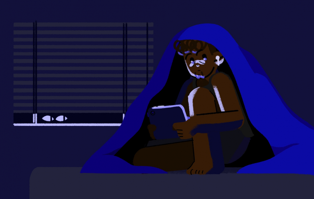 A digital illustration of someone watching a scary television show under their blanket at night.
