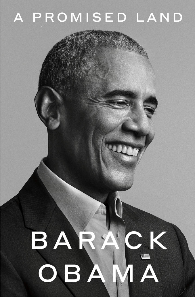 A black and white photo of Barack Obama's book cover, "A Promised Land."