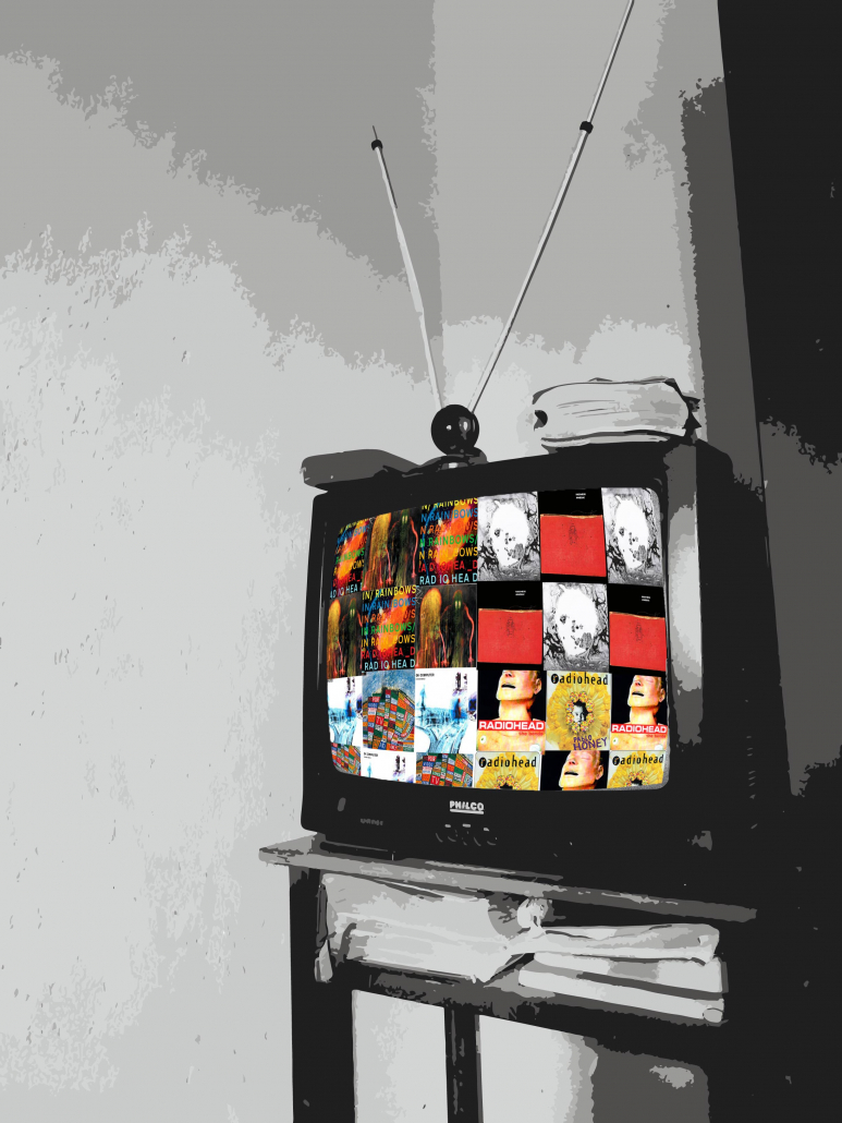 A television screen filled with a collage of Radiohead album covers.