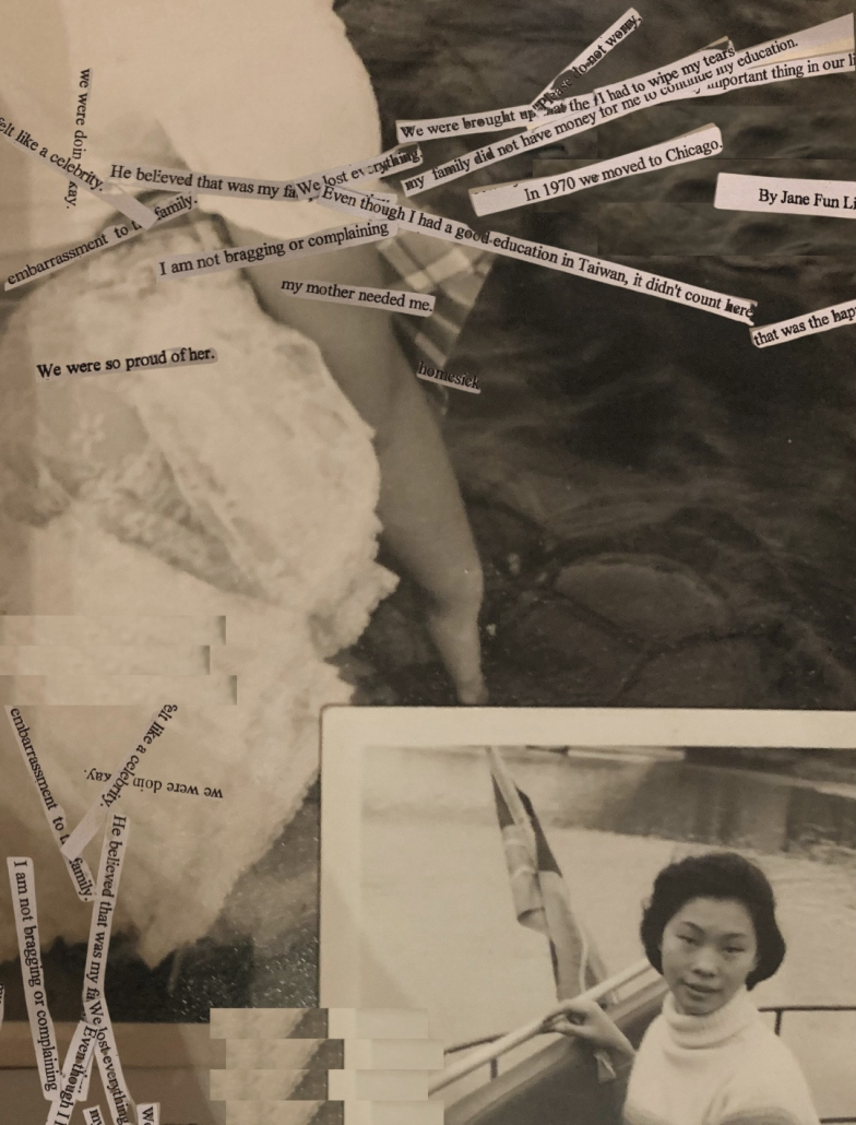 Julia's grandmother in a photo collage and excerpts of her writings in black and white.
