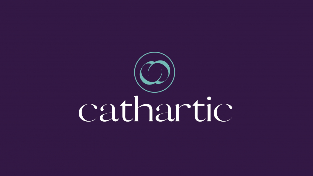 Purple background color with "cathartic" written in white text and the organization's logo in teal above it. 