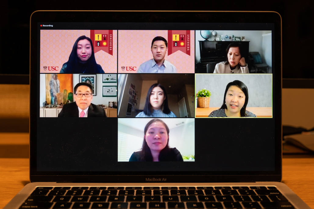Laptop open to a Zoom call. Pictured are Connie Deng, Nathan Hyun, Anh Do, Joyce Jang, Jon Funabiki, Dr. Sherry Wang and Christina Yang. 