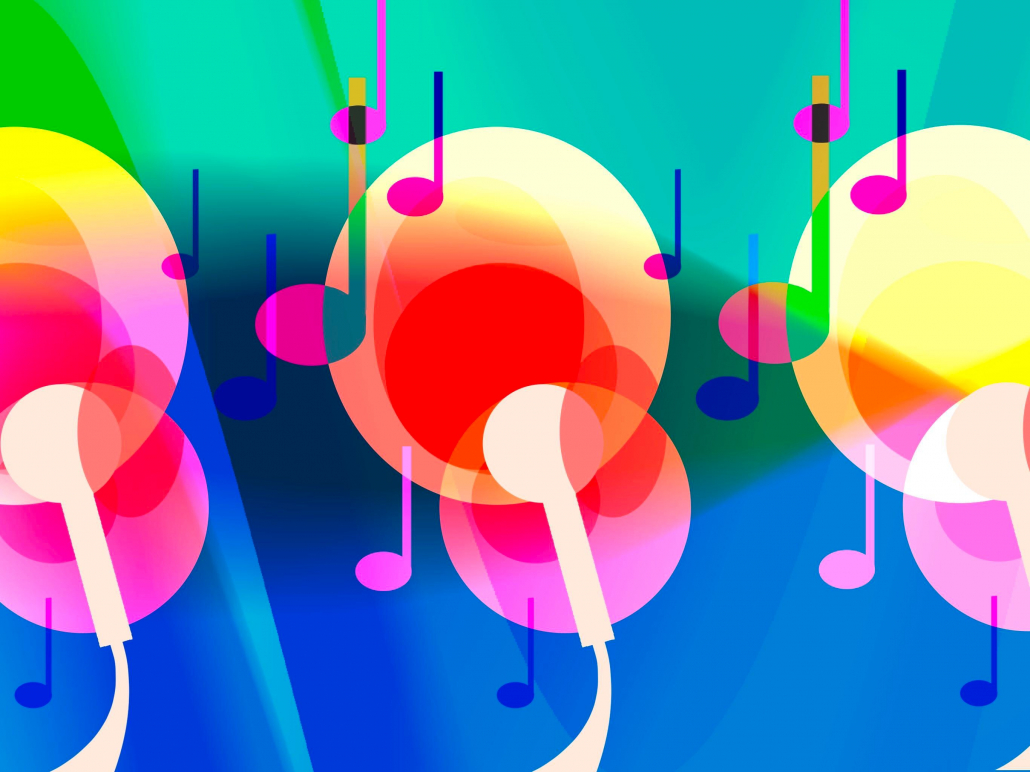 Music notes scattered in different colors in a digital design. 