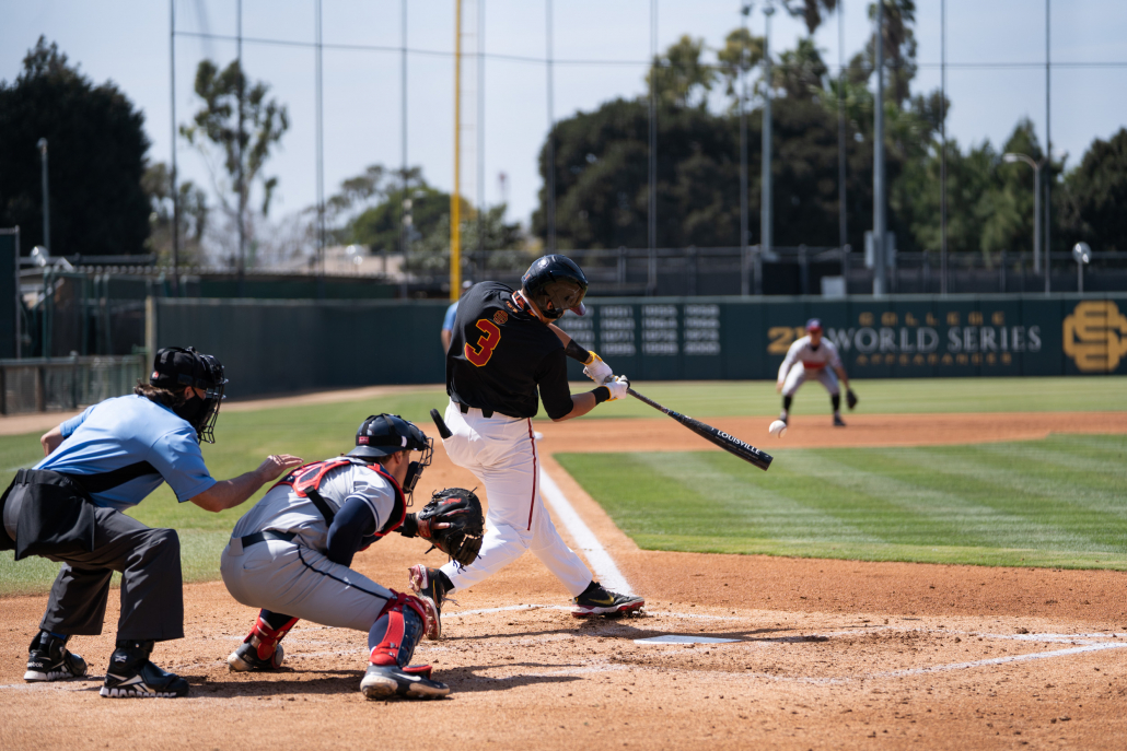 Jamal O'Guinn swinging at a pitch in a game against Dixie State.