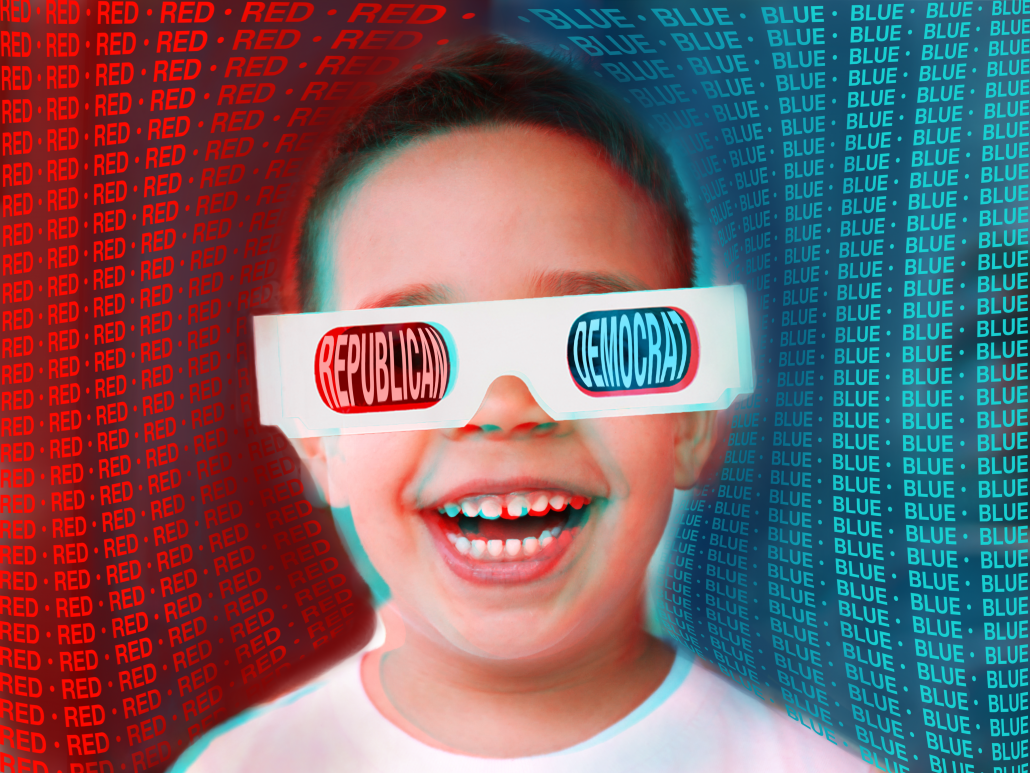 Child wearing 3D glasses with 'Republican' written in the red lens and 'Democrat' written in the blue.