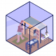 This is an illustration of a person inside a small, cube-shaped dorm room. The person is standing on a yoga mat surrounding by the bed, table with plants and a laptop and light on a desk.