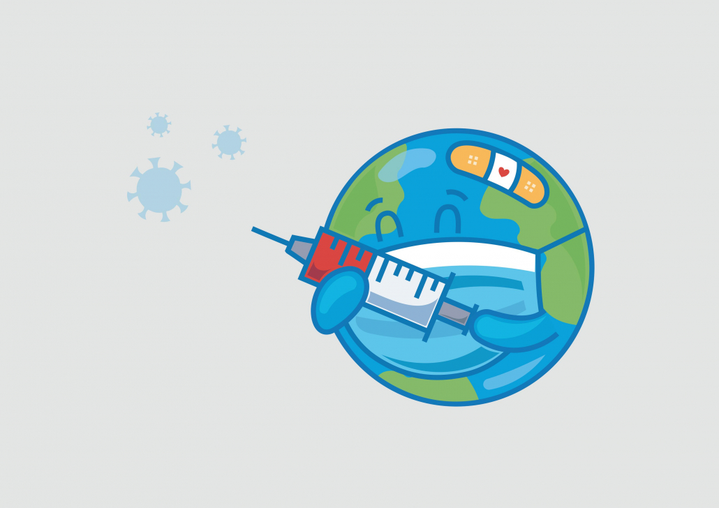 An animated image of the earth wearing a mask with a band-aid and holding a vaccine.